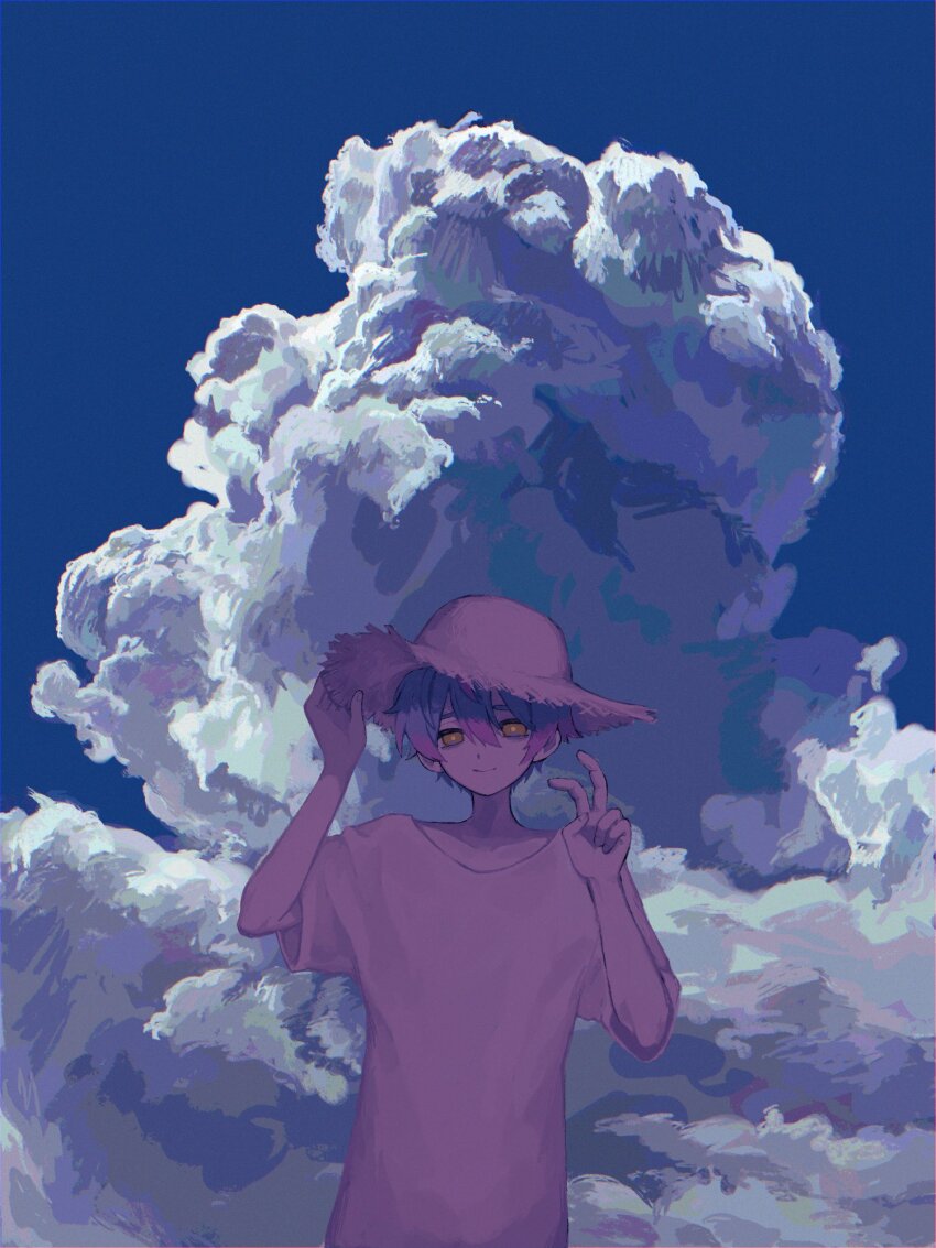 1boy, blue_hair, blue_sky, brown_eyes, charisma_house, closed_mouth, cloud, cloudy_sky