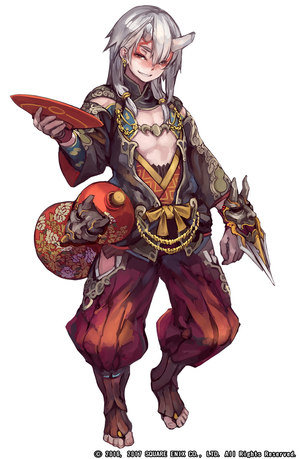 1boy, broken_horns, drunk, earrings, grimms_notes, grin, highres, holding, holding_plate, japanese_clothes, jewelry, male_focus, official_art, plate, red_eyes, shuten_douji_(grimms_notes), simple_background, smile, solo, suzuno_(bookshelf), toeless_footwear, white_background