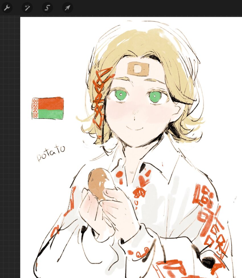 1girl, bandaid, bandaid_on_face, belarus, belarusian_clothes, belarusian_flag, blonde_hair, bread, english_text, food, green_eyes, highres, nanimonothing, original, personification, shirt, smile, solo, white_shirt