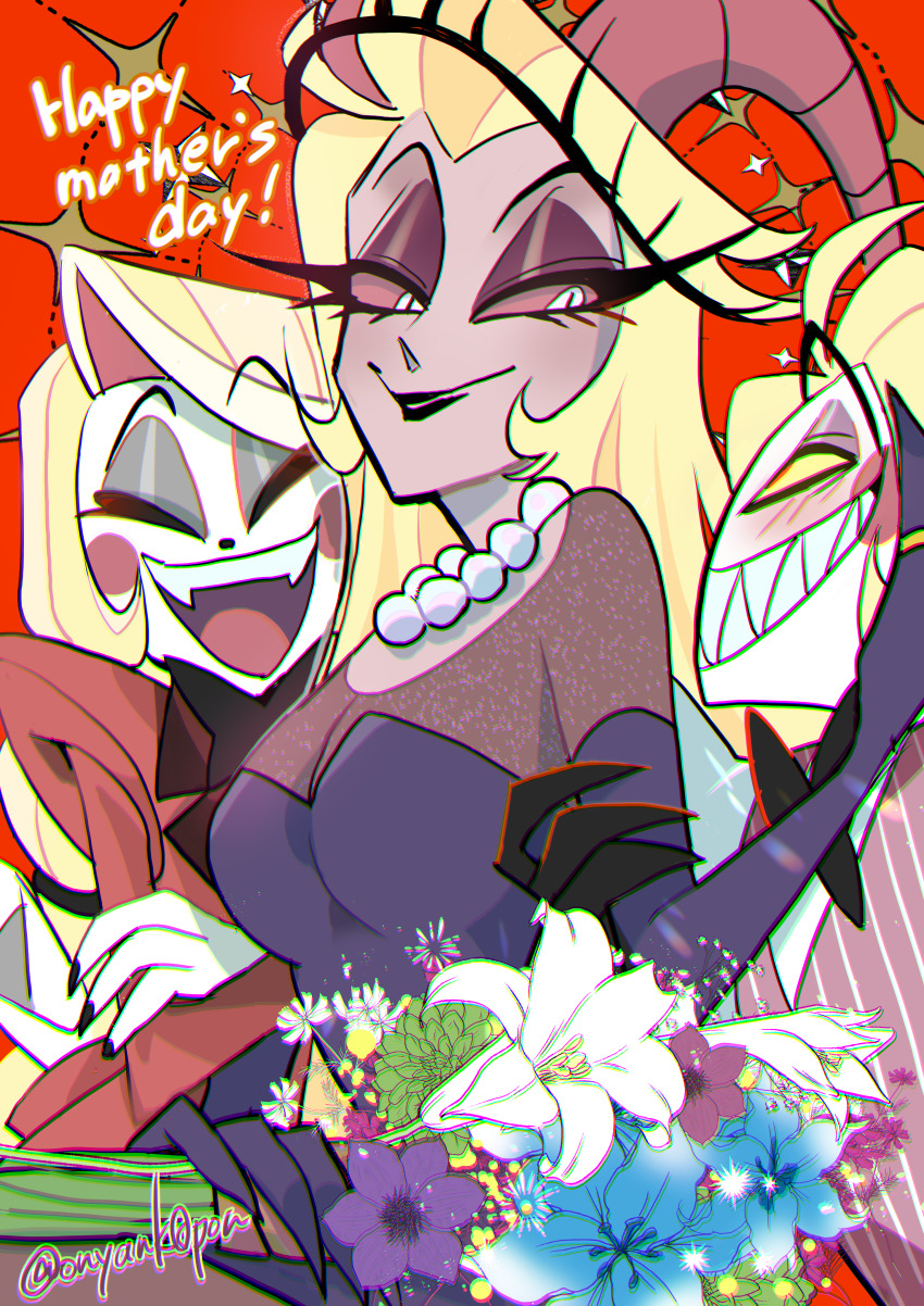 1boy, 2girls, absurdres, blonde_hair, blush_stickers, charlie_morningstar, couple, demon_boy