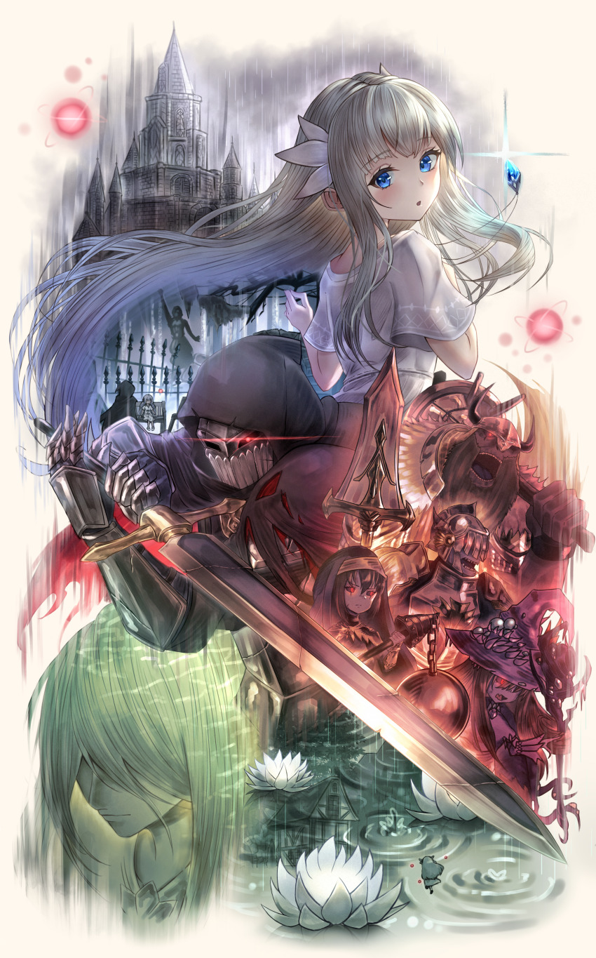 absurdres, armor, blue_eyes, blush, castle, cloak, dark_witch_eleine, dress