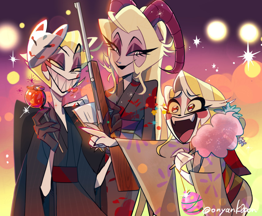 1boy, 2girls, black_kimono, blonde_hair, blush_stickers, candy_apple, charlie_morningstar, cotton_candy, demon_boy, family, father_and_child, father_and_daughter, food, hazbin_hotel, hellaverse, holding, holding_candy_apple, holding_cotton_candy, holding_food, husband_and_wife, japanese_clothes, kimono, kin_(58n58n58n), lilith_(hazbin_hotel), long_hair, lucifer_morningstar_(hazbin_hotel), mother_and_child, mother_and_daughter, multiple_girls, parent_and_child, summer_festival, very_long_hair, yellow_kimono