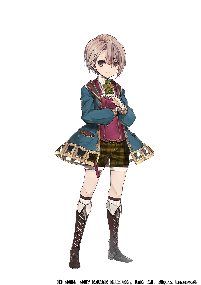 1girl, boots, breasts, brown_boots, brown_hair, copyright_notice, full_body, green_shorts, grimms_notes, hair_ornament, hairpin, hosato_mikine, official_art, purple_eyes, short_hair, shorts, simple_background, smile, socks, solo, third_(grimms_notes), white_background, white_socks