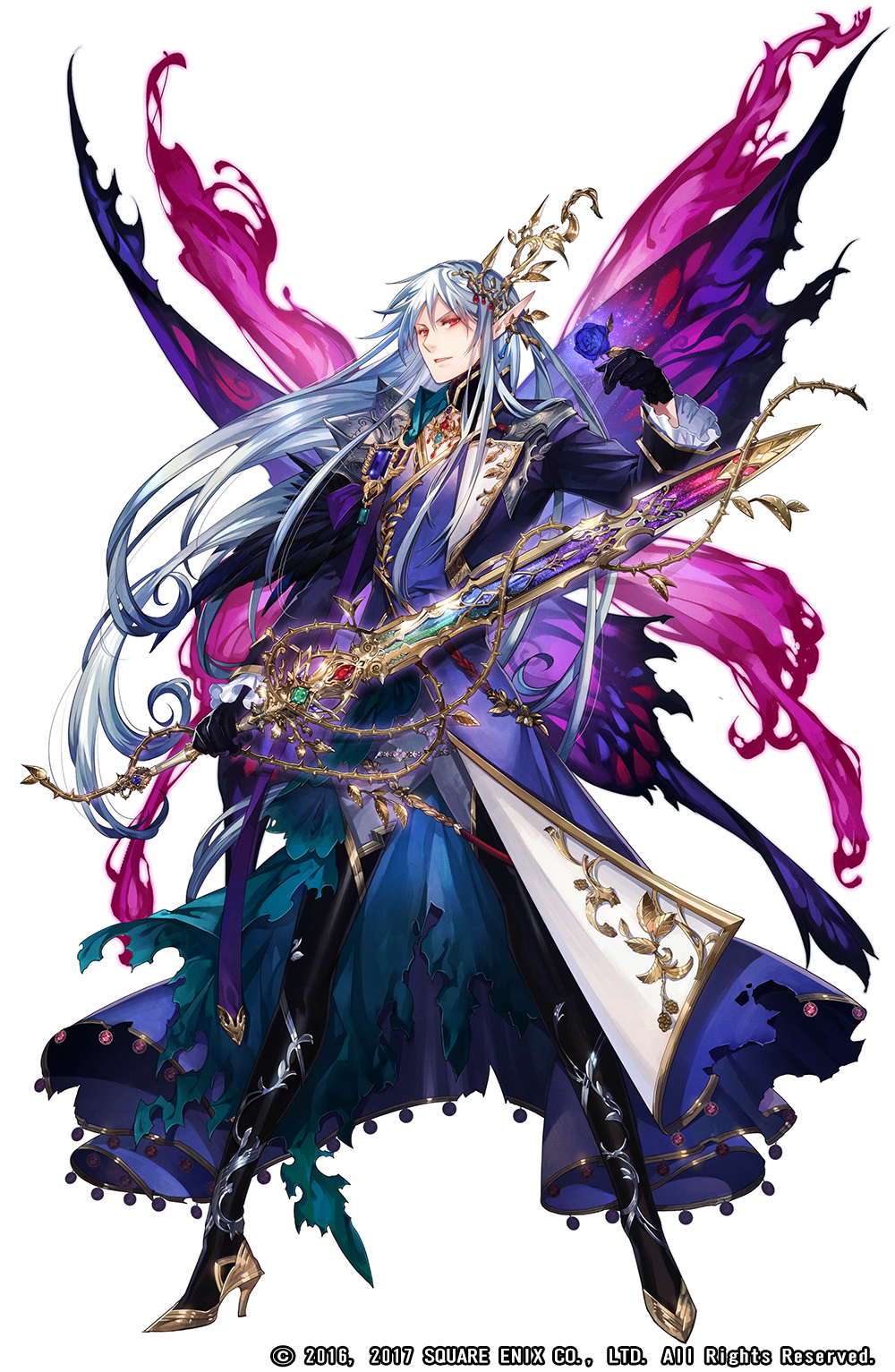 1boy, armor, black_boots, black_gloves, blue_flower, blue_hair, blue_rose, boots, butterfly_wings, chaos_oberon_(grimms_notes), copyright_notice, flower, full_body, gloves, gold_trim, grey_pants, grimms_notes, hair_ornament, high_heel_boots, high_heels, highres, holding, holding_flower, holding_sword, holding_weapon, insect_wings, jacket, jewelry, kyouka_hatori, legs_apart, long_hair, male_focus, official_art, pants, parted_lips, pauldrons, pointy_ears, purple_jacket, purple_robe, red_eyes, robe, rose, shoulder_armor, simple_background, single_pauldron, solo, sword, thigh_boots, thorns, torn_clothes, weapon, white_background, wings