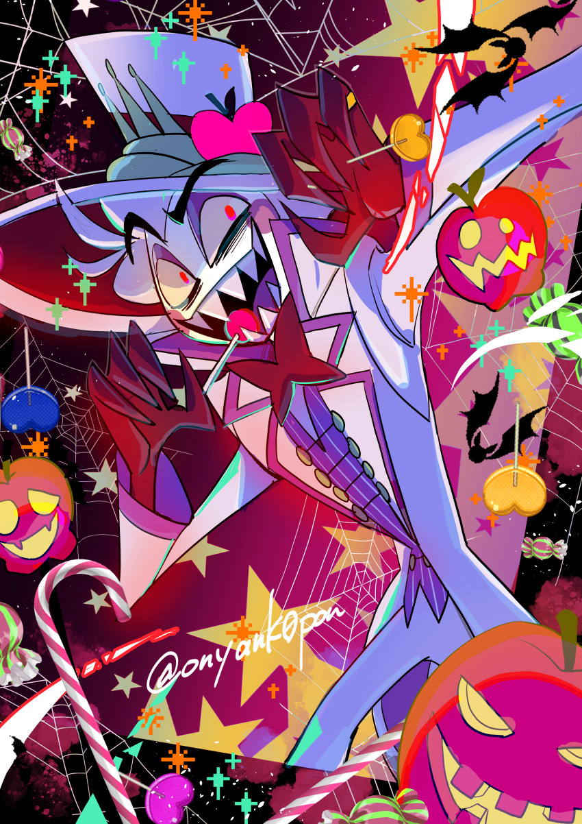 1boy, absurdres, blonde_hair, blush_stickers, demon_boy, formal_clothes, hair_slicked_back, halloween