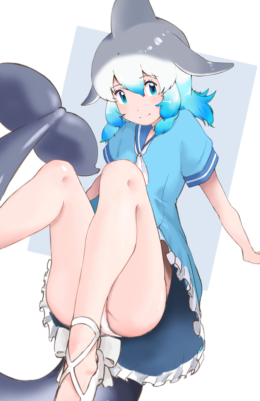 1girl, absurdres, bare_legs, blowhole, blue_dress, blue_eyes, blue_hair, blue_trim