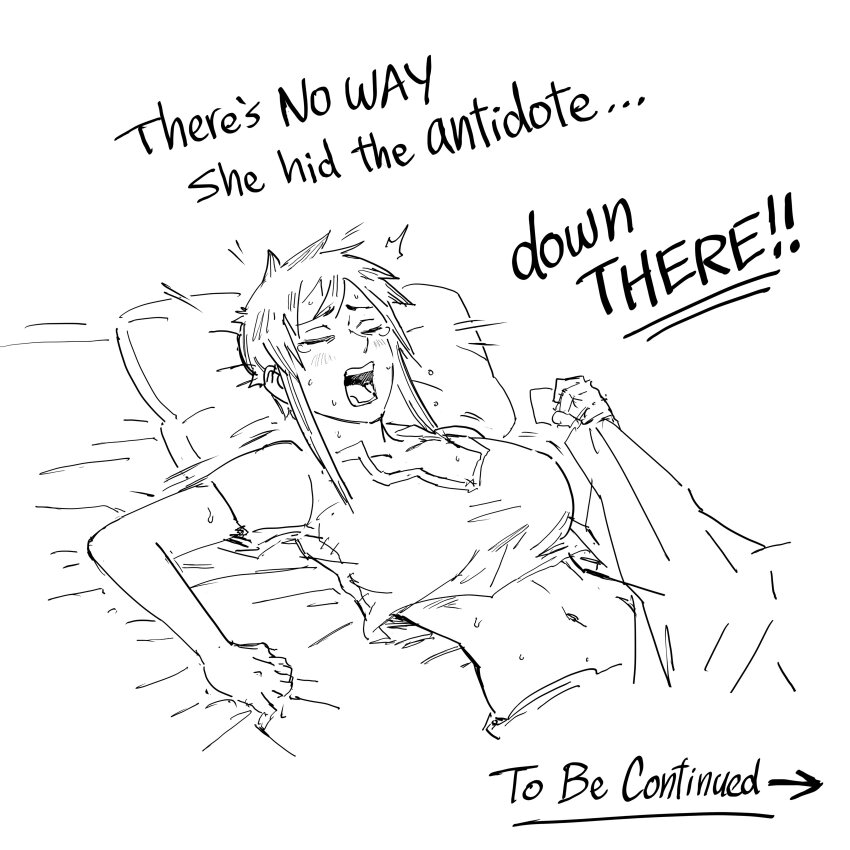 1girl, absurdres, aubry_(dark_elf_stepsister), bb_(baalbuddy), bed_sheet, blush, breasts, crop_top, dreaming, female_pervert, highres, imagining, large_breasts, lying, midriff, navel, on_back, open_mouth, original, pervert, sheet_grab, short_hair, solo, tearing_up