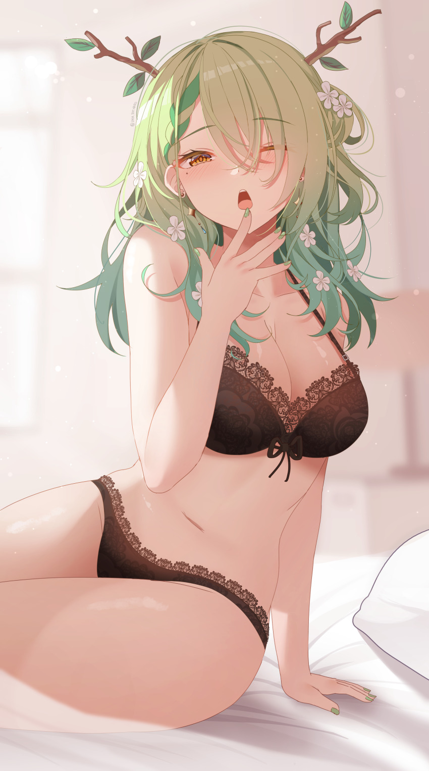 1girl, absurdres, bed_sheet, black_bra, black_panties, blurry, blurry_background, blush