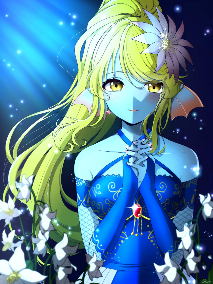 1girl, bare_shoulders, blonde_hair, blue_background, blue_bridal_gauntlets, blue_dress, blue_skin, blurry