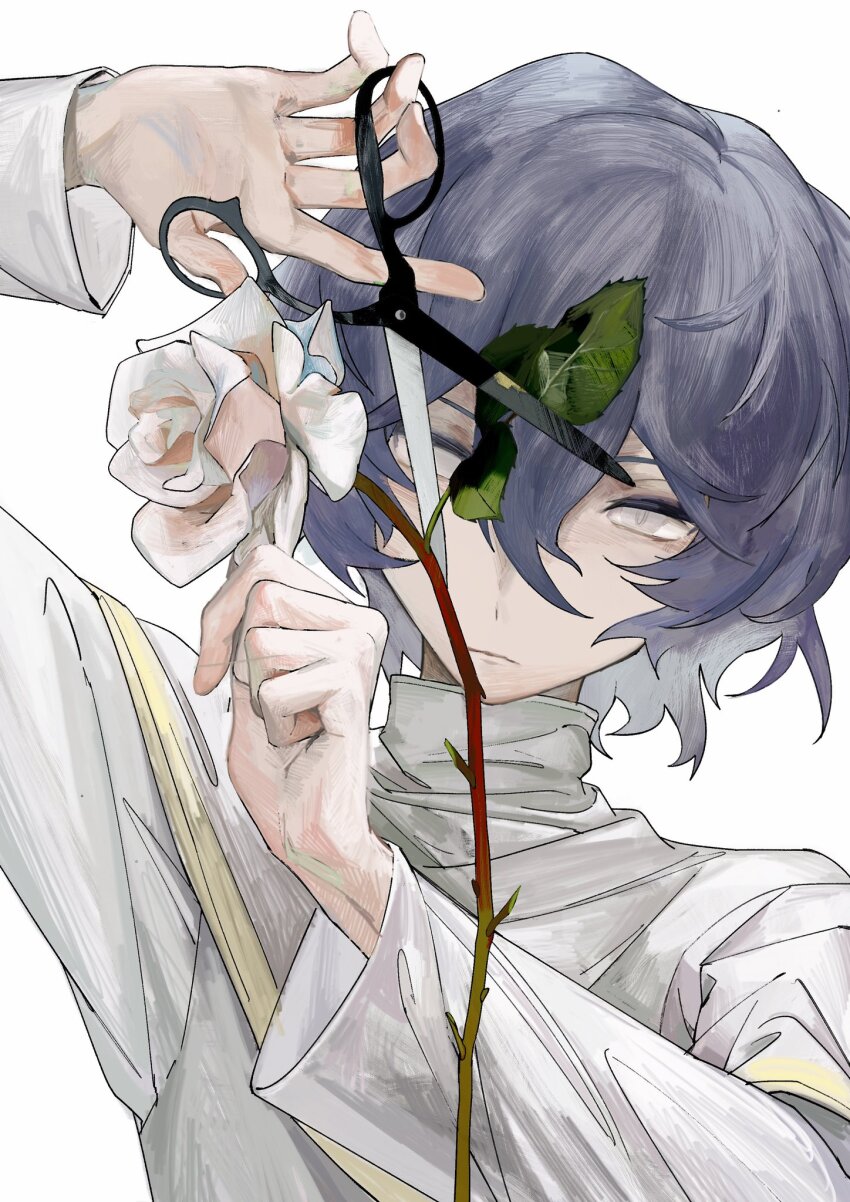 1boy, blue_hair, capelet, closed_mouth, commentary, flower, gold_trim, grey_eyes