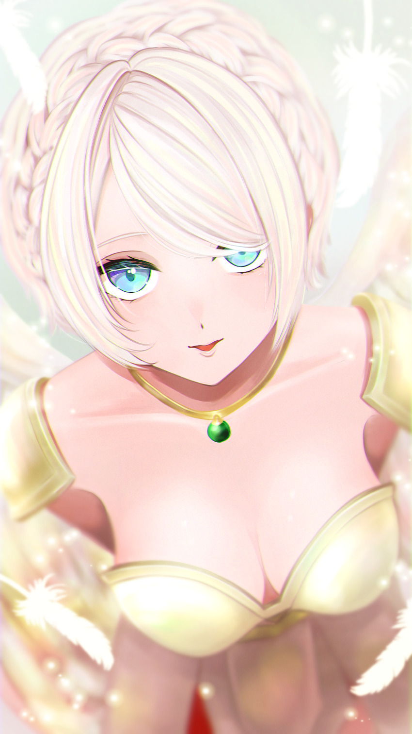 1girl, absurdres, angel, angel_wings, armor, blue_eyes, blurry, braid, breasts, cleavage, commentary_request, crown_braid, depth_of_field, dragon_quest, dragon_quest_x, dress, euriza_(dq10), feathers, from_above, highres, jewelry, large_breasts, looking_at_viewer, looking_up, necklace, nikon_(user_aznh7528), pauldrons, shoulder_armor, solo, upturned_eyes, white_hair, white_wings, wings