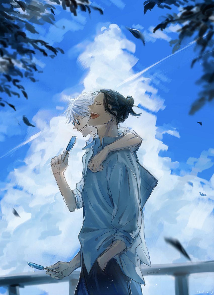 2boys, absurdres, black_hair, blue_sky, closed_eyes, cloud, cloudy_sky, falling_leaves