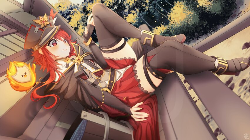 1girl, alfyria, black_footwear, black_hat, black_thighhighs, blush, closed_mouth, commentary