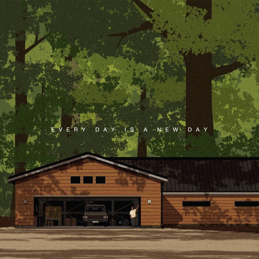 1boy, building, car, day, garage, grey_pants, hatelephant, highres, house, motor_vehicle, original, outdoors, pants, shirt, solo, tree, white_shirt