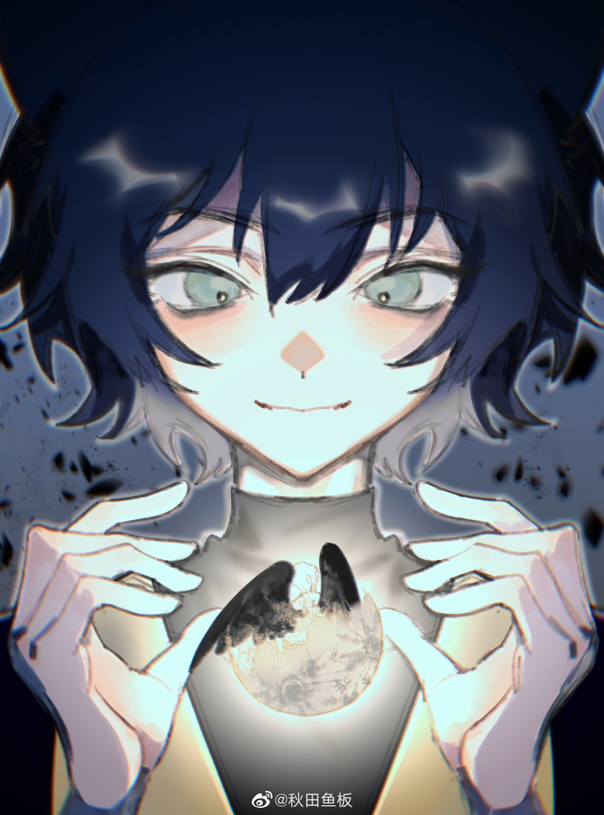 2boys, absurdres, aoi_(cariiiie), black_wings, blue_hair, character_request, chinese_commentary, chromatic_aberration