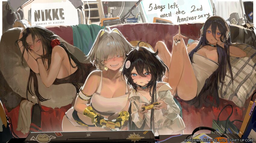 4girls, absurdres, ahoge, alternate_costume, black_hair, black_shirt, blue_eyes, breasts, cleavage, commentary, couch, elegg_(nikke), english_commentary, exia_(nikke), gloves, goddess_of_victory:_nikke, hair_intakes, hair_over_eyes, highres, kurikabacha, large_breasts, long_hair, maiden_(nikke), multiple_girls, official_art, playing_games, playing_video_games, red_eyes, second-party_source, shirt, sitting, smile, trony_(nikke), white_shirt