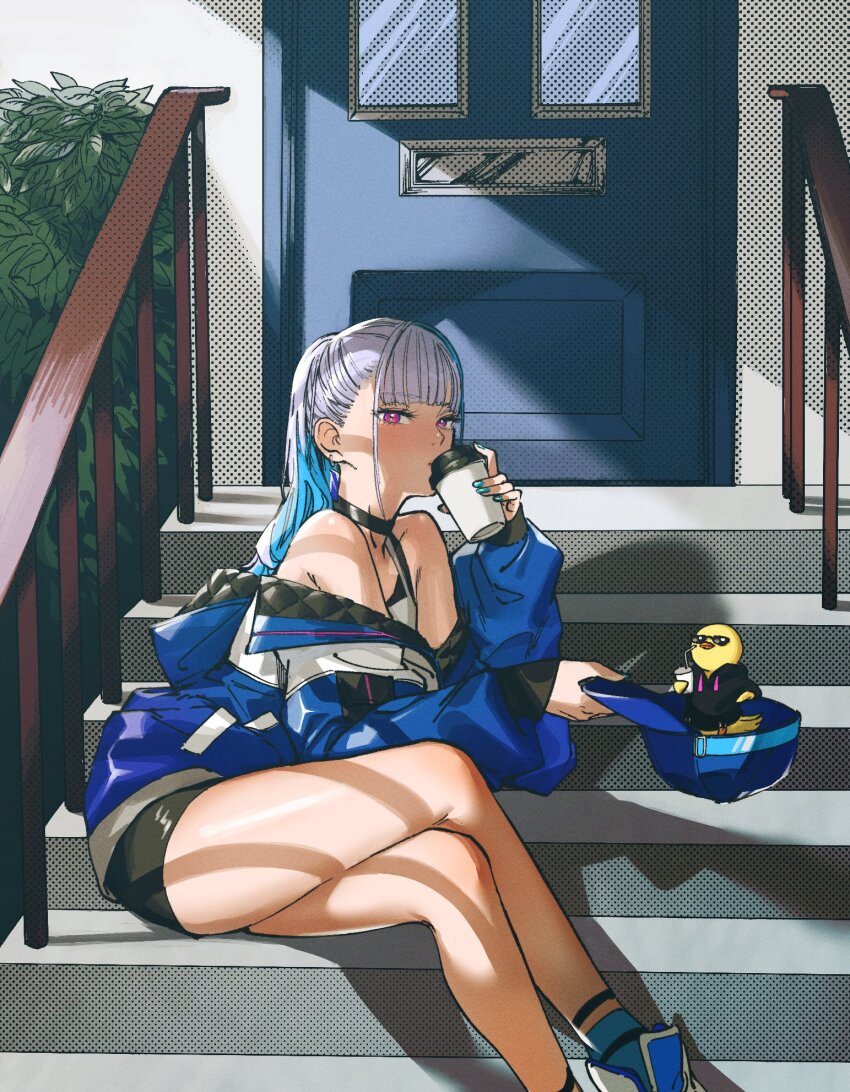 1girl, animal, ankle_strap, aqua_nails, armpit_crease, bare_legs, bare_shoulders, baseball_cap, bike_shorts, bird, black_choker, black_shorts, blue_hair, blue_hat, blue_jacket, blue_socks, blunt_bangs, bush, choker, clothed_animal, crossed_legs, cup, disposable_coffee_cup, disposable_cup, door, drinking, earrings, eyelashes, feet_out_of_frame, from_side, halftone, handrail, hat, highres, holding, holding_cup, holding_unworn_clothes, holding_unworn_hat, in_hat, jacket, jacket_partially_removed, jewelry, lize_helesta, lize_helesta_(8th_costume), long_hair, looking_at_viewer, multicolored_hair, nail_polish, nijisanji, otimusyairoha, outdoors, parted_lips, ponytail, purple_eyes, sebastian_piyodore, shading_mismatch, shoes, shorts, sitting, sitting_on_stairs, socks, stairs, streaked_hair, sunglasses, tank_top, unworn_hat, unworn_headwear, virtual_youtuber, white_hair, yellow_bird