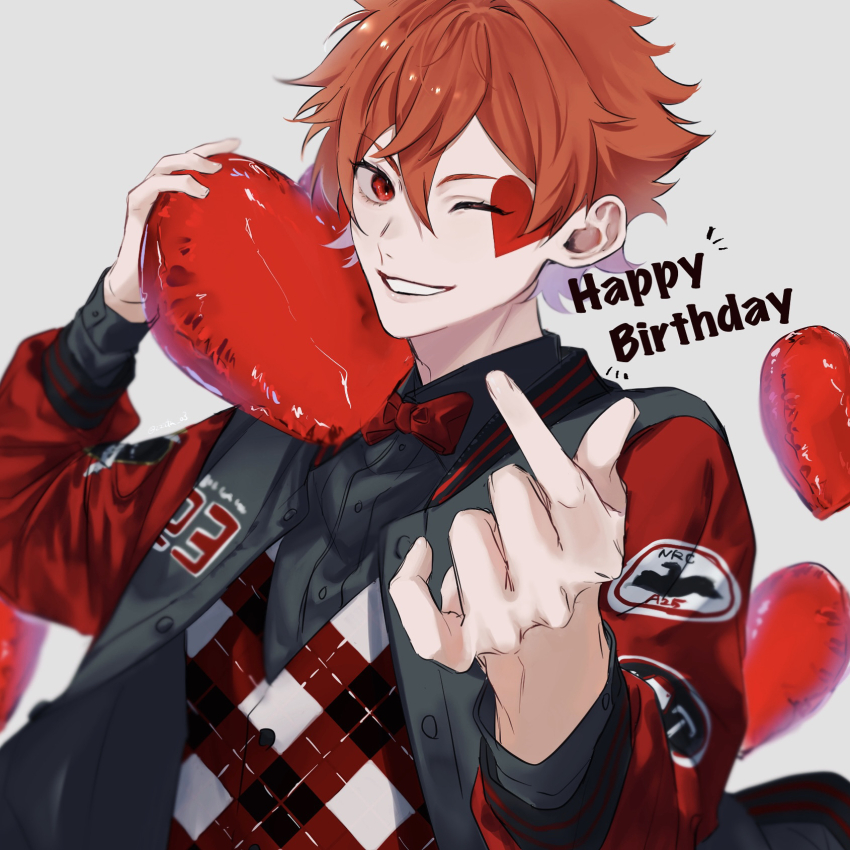 1boy, ace_trappola, balloon, black_shirt, bow, bowtie, facial_tattoo, hair_between_eyes