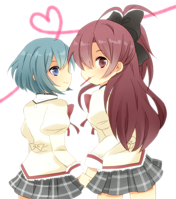 10s, 2girls, bad_id, bad_pixiv_id, blue_eyes, blue_hair, blush, food, hair_over_one_eye, heart, holding_hands, long_hair, mahou_shoujo_madoka_magica, mahou_shoujo_madoka_magica_(anime), mapiru, miki_sayaka, mouth_hold, multiple_girls, pocky, ponytail, red_eyes, red_hair, sakura_kyoko, school_uniform, short_hair, simple_background, smile