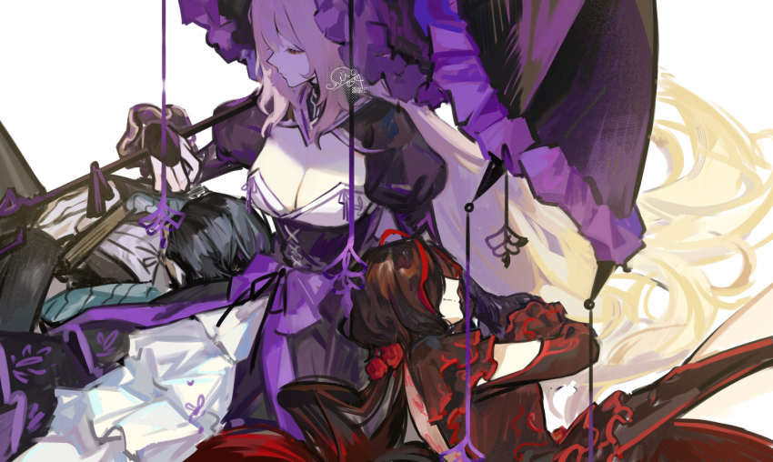 1boy, 2girls, artist_name, backless_dress, backless_outfit, nicolina_(project_moon), black_dress, black_gloves, black_hair, black_umbrella, blonde_hair, bow, breasts, brown_dress, brown_hair, cleavage, closed_eyes, closed_mouth, clothing_cutout, commentary, dress, dulcinea_(project_moon), english_commentary, eyeshadow, fingerless_gloves, flower, frilled_umbrella, frills, front_bow, gloves, hair_flower, hair_ornament, hands_on_own_stomach, holding, holding_umbrella, juliet_sleeves, limbus_company, long_hair, long_sleeves, lying, makeup, medium_breasts, multicolored_hair, multiple_girls, nishikujic, own_hands_together, curiambro_(project_moon), project_moon, puffy_sleeves, purple_bow, red_eyeshadow, red_flower, red_hair, red_rose, rose, short_hair, shoulder_cutout, signature, simple_background, sleeping, smile, streaked_hair, two-tone_hair, umbrella, very_long_hair, white_background, white_gloves