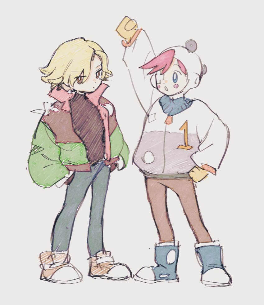 2girls, :o, alva_(eastward), arm_up, asymmetrical_bangs, bandaid_on_eye, black_gloves, black_shirt