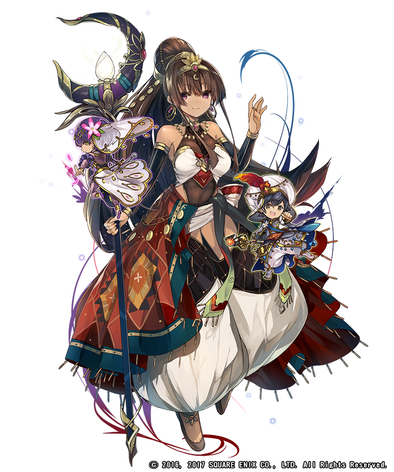 1girl, aladdin_(grimms_notes), aladdin_(koutei)_(grimms_notes), breasts, brown_shoes, check_copyright, chibi, copyright_request, covered_navel, dark-skinned_female, dark_skin, earrings, familiar, floating, full_body, grimms_notes, hair_bun, harem_outfit, harem_pants, holding, holding_staff, hosato_mikine, jewelry, large_breasts, long_hair, official_art, oil_lamp, pants, ponytail, princess_badour_(grimms_notes), purple_eyes, scheherazade_(grimms_notes), shoes, smile, solo, staff, white_background