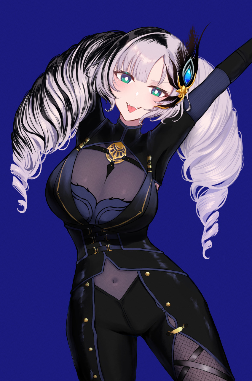 1girl, absurdres, aqua_eyes, arm_up, black_hair, blue_background, breasts, bright_pupils