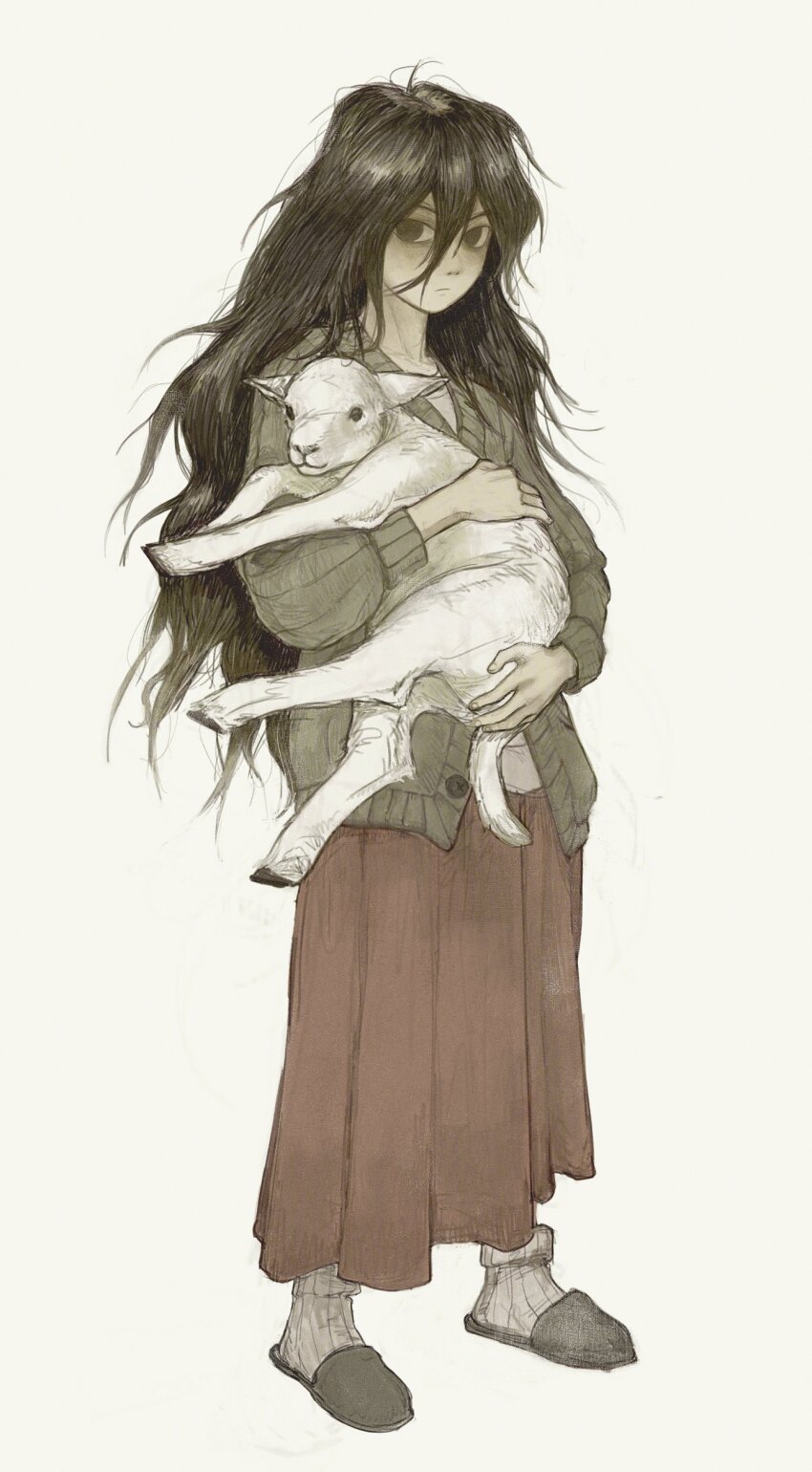 1girl, absurdres, animal, black_eyes, black_hair, black_slippers, closed_mouth, goat