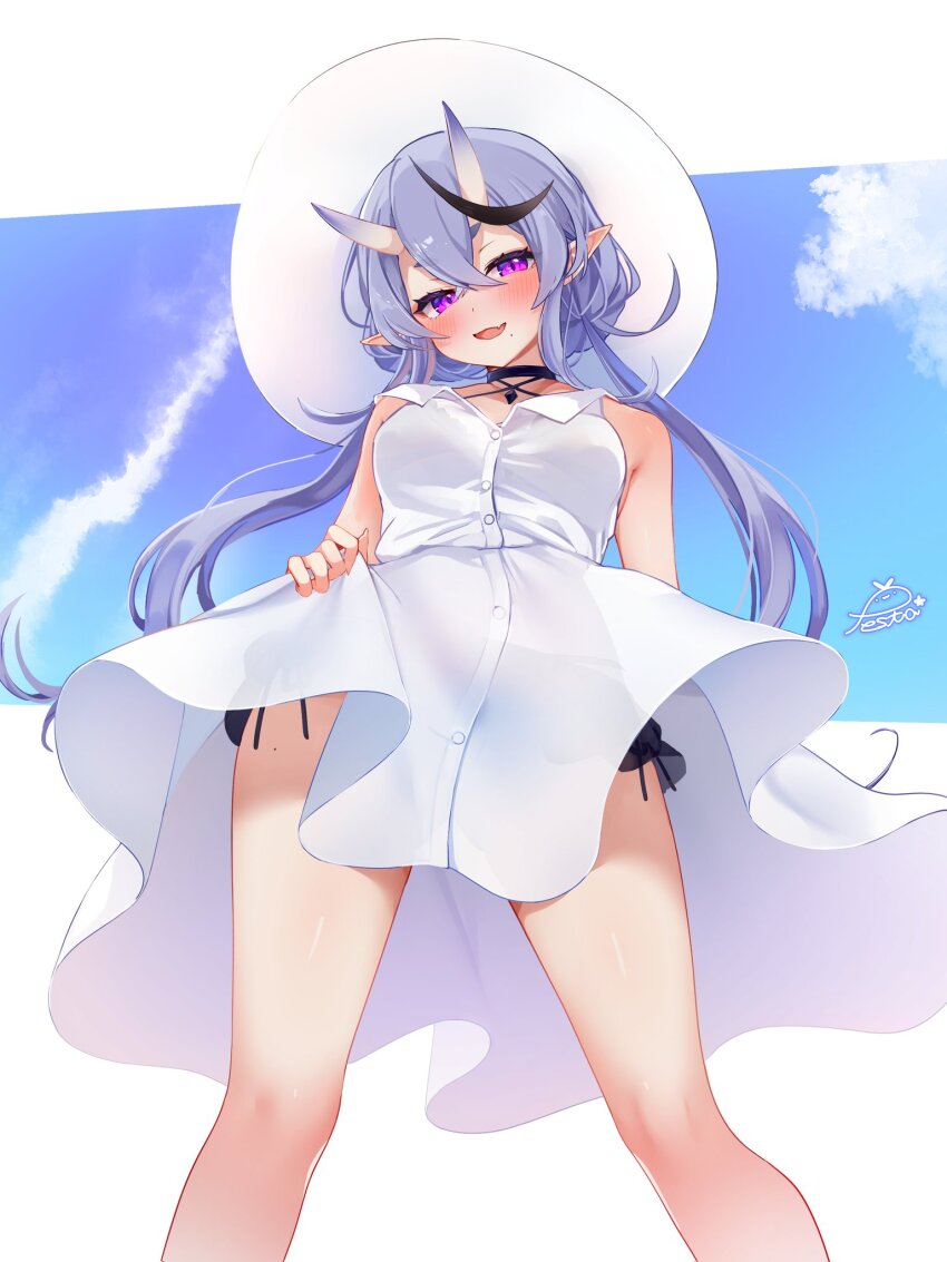 1girl, bikini, black_bikini, breasts, dress, festa11307070, from_below, highres