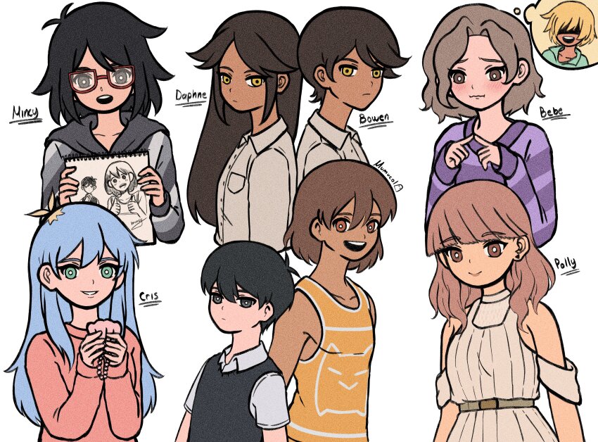 3boys, 5girls, absurdres, bebe_(omori), black_eyes, black_hair, blunt_bangs, bowen_(omori), bright_pupils, brown_eyes, brown_hair, closed_eyes, collarbone, collared_shirt, cris_(omori), daphne_(omori), dark-skinned_female, dark-skinned_male, dark_skin, ear_piercing, glasses, green_eyes, grey_hoodie, highres, holding, holding_sketchbook, hood, hood_down, hoodie, kel_(faraway)_(omori), kel_(omori), long_hair, long_sleeves, medium_hair, mikhael_(omori), mincy_(omori), multiple_boys, multiple_girls, mumucol, omori, open_mouth, parted_bangs, piercing, pink_sweater, polly_(omori), purple_sweater, red-framed_eyewear, shirt, short_hair, simple_background, sketchbook, speech_bubble, sunny_(omori), sweater, teeth, thought_bubble, upper_teeth_only, white_background, white_pupils, white_shirt