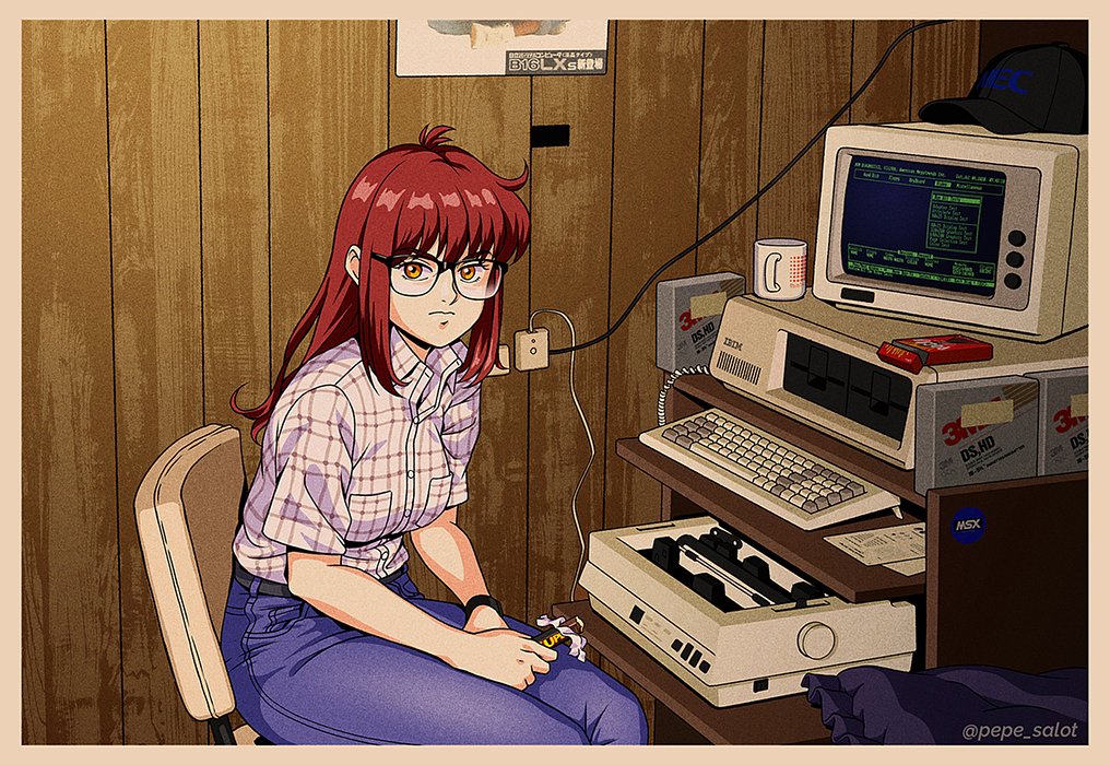 1girl, black-framed_eyewear, brown_eyes, candy, chair, closed_mouth, collared_shirt, computer, computer_keyboard, denim, donna_(jose_salot), food, glasses, indoors, jeans, jose_salot, long_hair, looking_at_viewer, monitor, original, pants, pocky, printer, red_hair, shirt, short_sleeves, sitting, solo, twitter_username