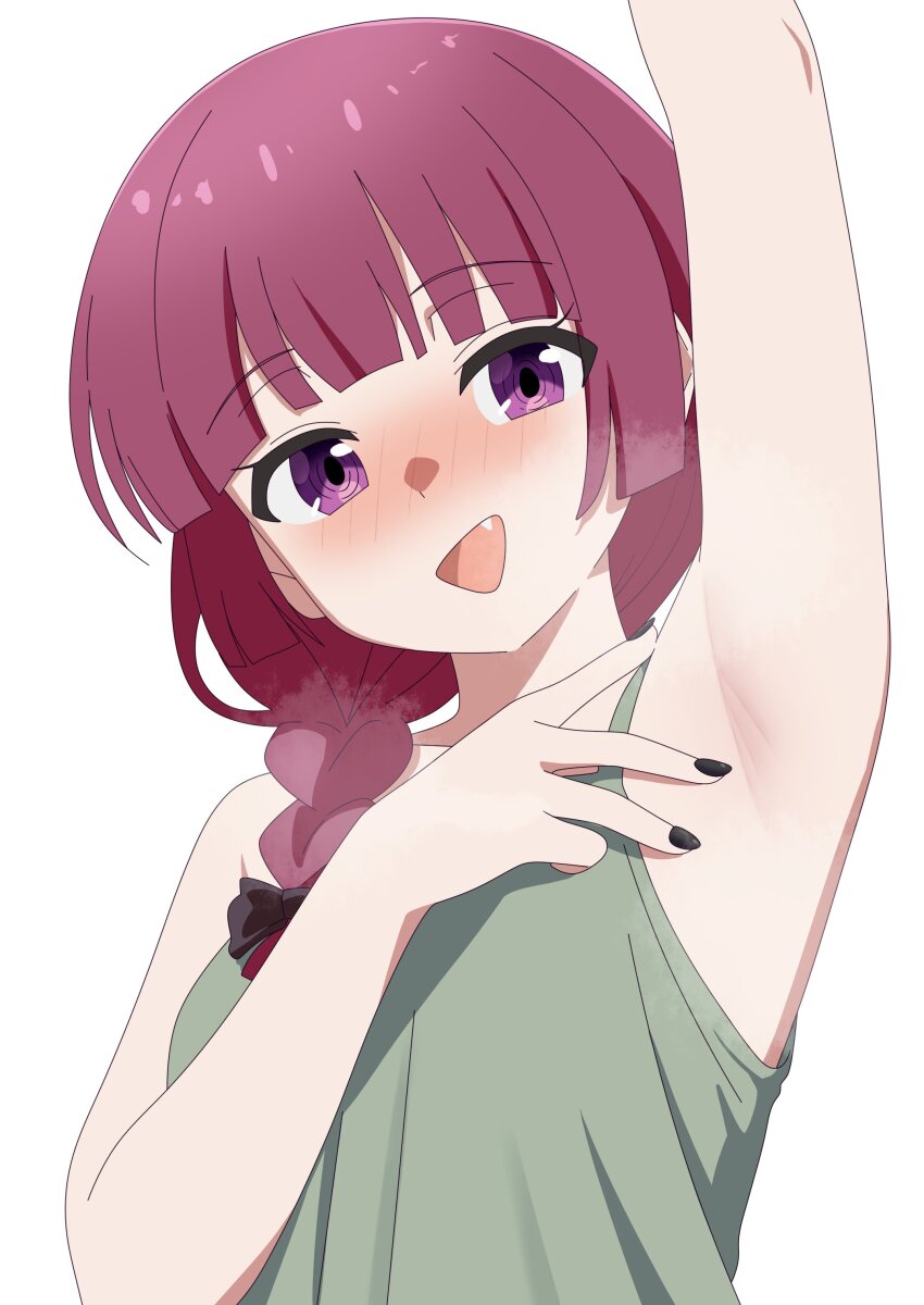 1girl, absurdres, arm_up, armpit_focus, armpits, black_nails, blunt_bangs, blunt_ends, blush, bocchi_the_rock!, braid, braided_ponytail, breasts, collarbone, commentary, dress, english_commentary, fang, green_dress, hair_over_shoulder, highres, hiroi_kikuri, holding, long_hair, nail_polish, open_mouth, presenting_armpit, purple_eyes, purple_hair, shadow, sharp_teeth, simple_background, small_breasts, smell, smile, solo, sorashikomi, steaming_body, sweatdrop, teeth, upper_body, white_background