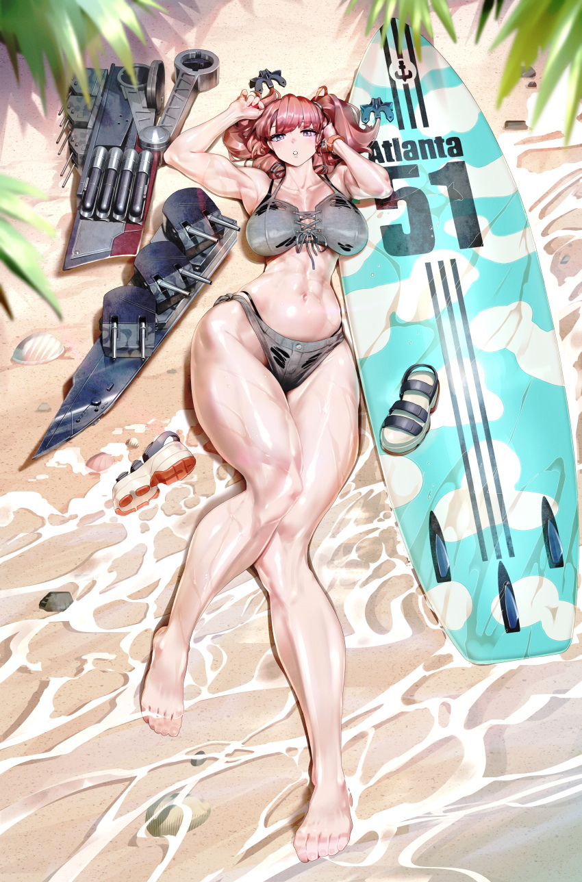 1girl, abs, absurdres, atlanta_(kancolle), atlanta_(swimsuit)_(kancolle), bikini, breasts, commission, highres, kantai_collection, machine, muscular, muscular_female, ocean, pixiv_commission, qtime_702, solo, stomach, swimsuit, twintails