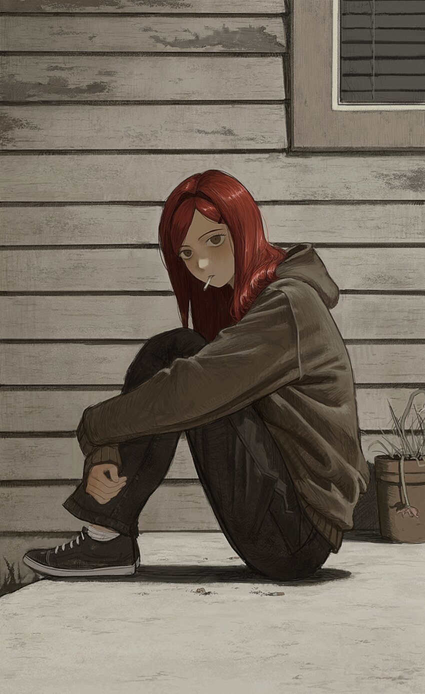 1girl, absurdres, black_hoodie, black_pants, black_shoes, cigarette, flower_pot, hair_ornament