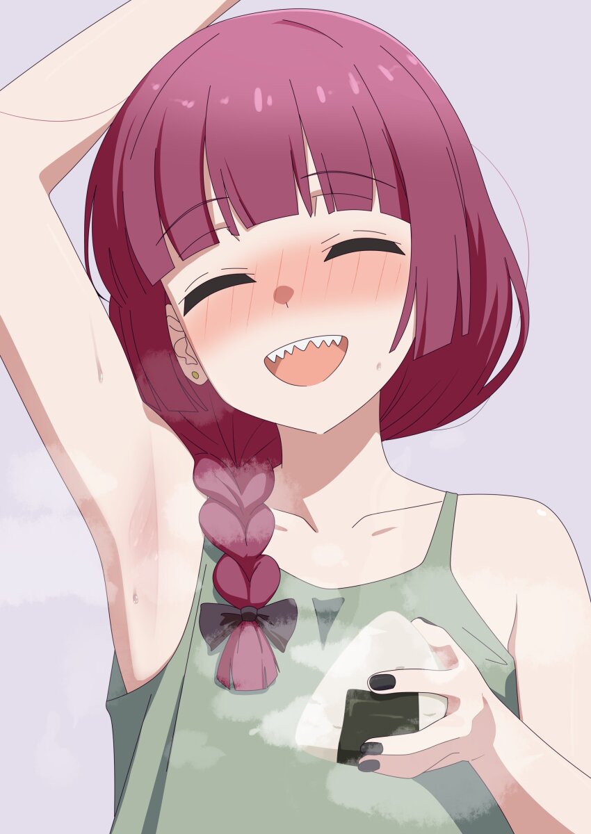 1girl, absurdres, arm_up, armpit_focus, armpit_onigiri, armpits, black_nails, blunt_bangs, blunt_ends, blush, bocchi_the_rock!, braid, braided_ponytail, closed_eyes, collarbone, commentary, dress, earrings, english_commentary, flat_chest, green_dress, grey_background, hair_over_shoulder, highres, hiroi_kikuri, holding, jewelry, long_hair, nail_polish, open_mouth, presenting, presenting_armpit, purple_hair, shadow, sharp_teeth, simple_background, smell, smile, solo, sorashikomi, steaming_body, stud_earrings, sweat, sweatdrop, teeth, upper_body, upper_teeth_only