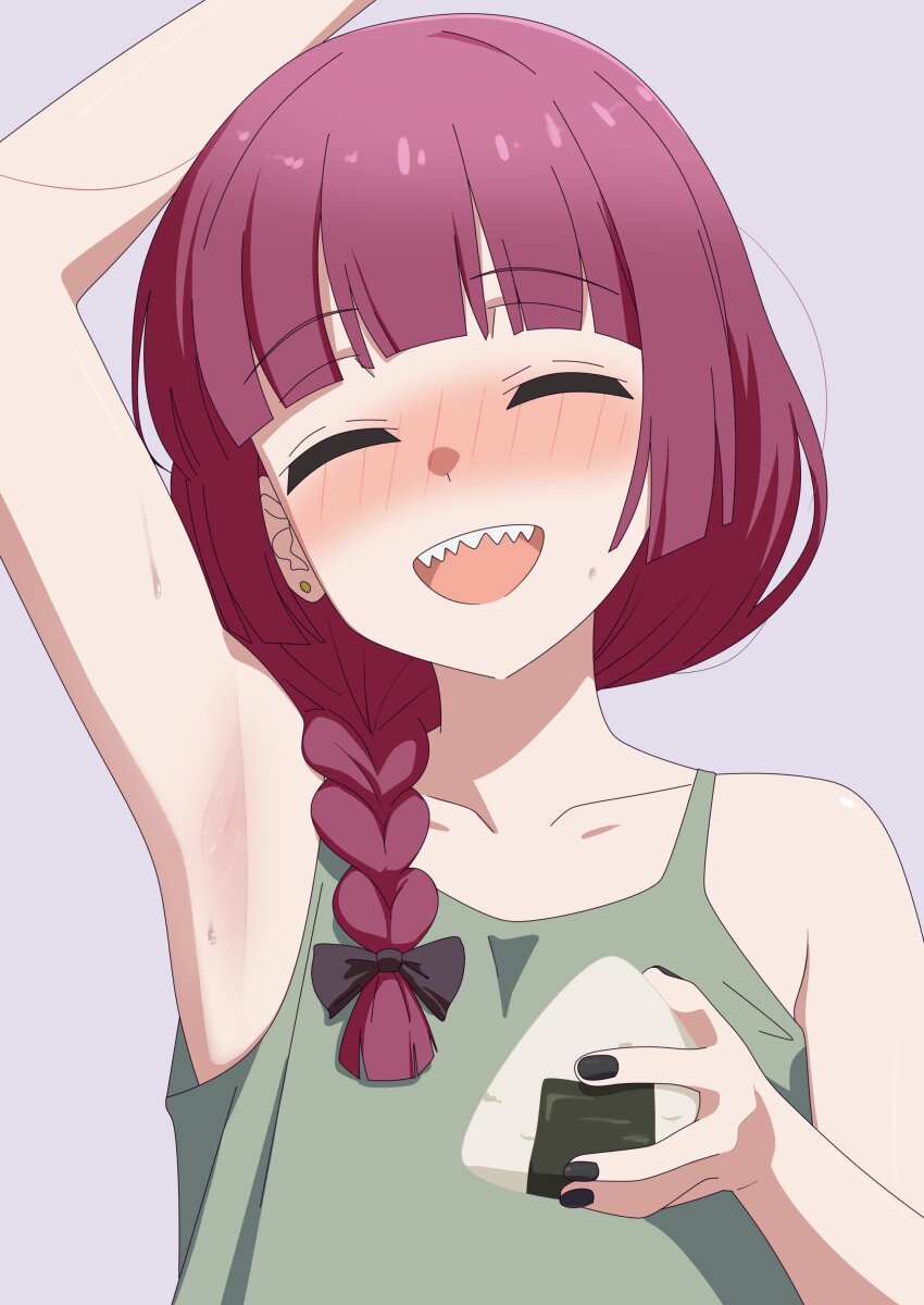 1girl, absurdres, arm_up, armpit_focus, armpit_onigiri, armpits, black_nails, blunt_bangs