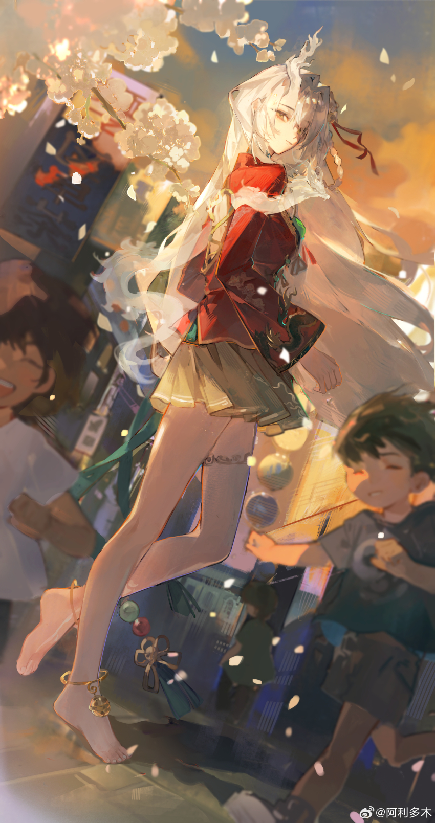 1girl, absurdres, ali_duo_mu, animal, barefoot, blurry, blurry_background, braid