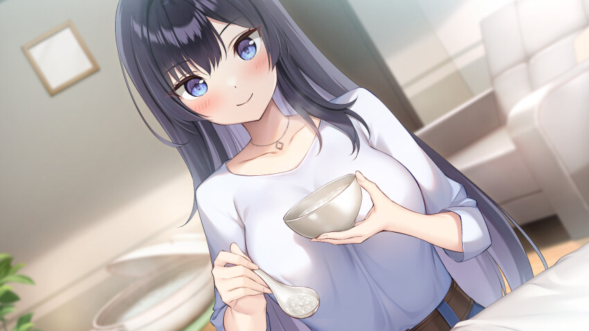 1girl, belt, black_hair, blue_eyes, blue_skirt, blush, bowl, breasts