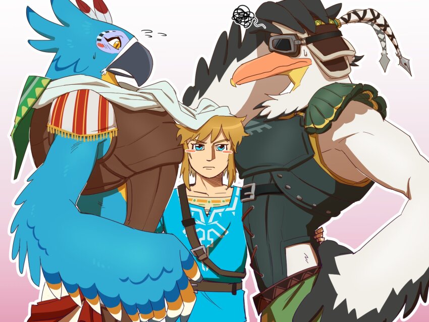 3boys, armor, aviator_cap, aviator_goggles, bara, beak, bird_boy, bird_wings