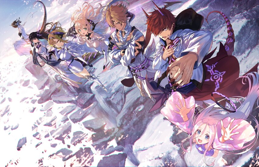 3boys, 4girls, :d, absurdres, arm_under_breasts, arms_up, black_hair, blonde_hair