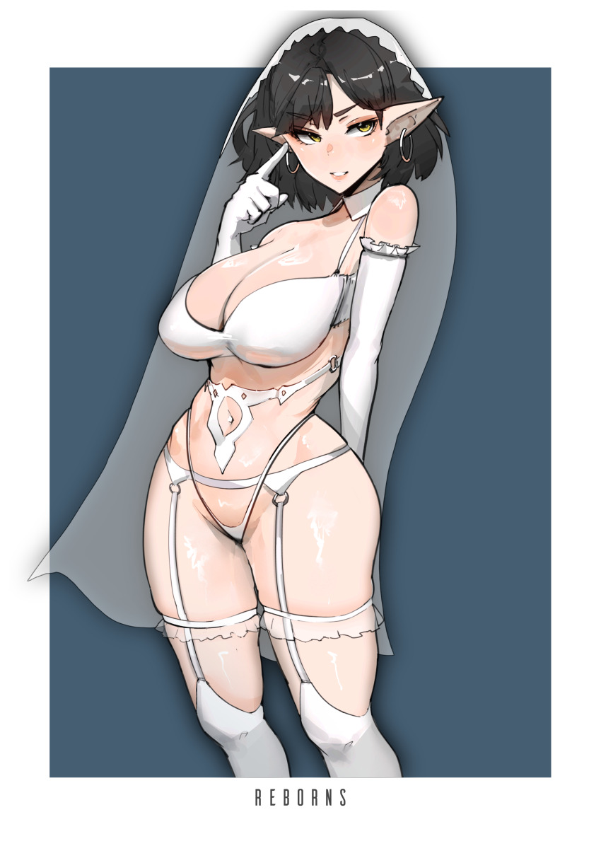 1girl, absurdres, black_hair, blue_background, border, bra, breasts, bridal_gauntlets