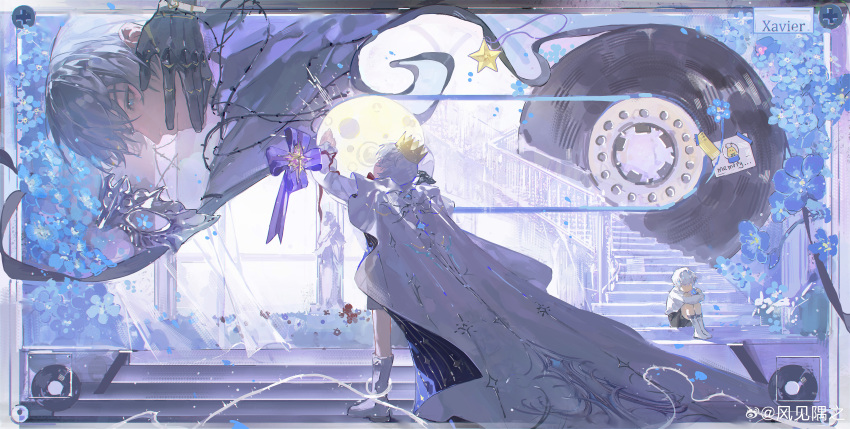 1boy, absurdres, black_shorts, blue_eyes, blue_flower, cape, cassette_tape, character_name