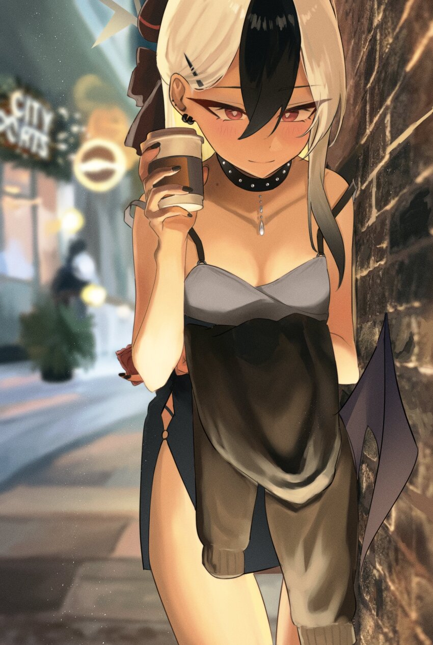 1girl, absurdres, arata_haru, black_choker, black_dress, black_hair, black_horns, black_nails