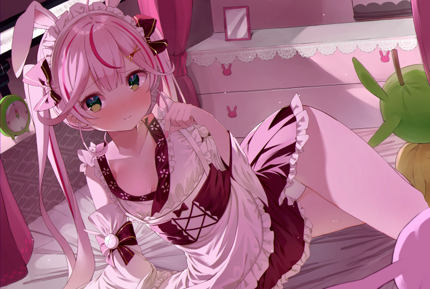 1girl, absurdres, ahoge, alarm_clock, animal_ears, apron, bed, bedroom, blush, bow, brown_bow, brown_skirt, clock, cross_hair_ornament, detached_sleeves, dress, eureka_814, frilled_dress, frilled_skirt, frills, green_eyes, hair_bow, hair_ornament, highres, indie_virtual_youtuber, japanese_clothes, long_hair, maid, maid_headdress, mochizuki_nako, multicolored_hair, on_bed, panties, pink_hair, pink_nails, rabbit_ears, rabbit_girl, skirt, smile, streaked_hair, twintails, underwear, virtual_youtuber, wa_maid, white_apron, white_panties