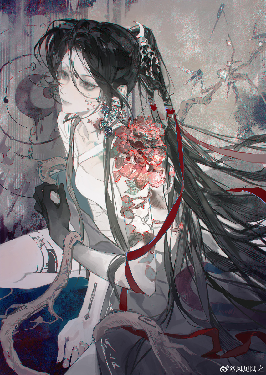 1girl, absurdres, arm_tattoo, black_eyes, black_hair, branch, closed_mouth, colored_extremities
