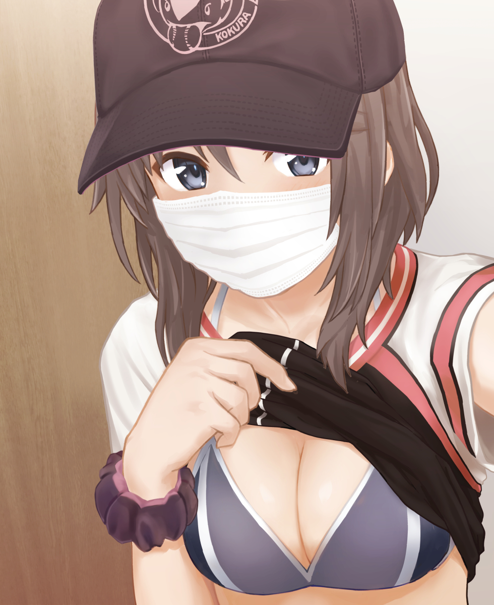1girl, alice_gear_aegis, baseball_cap, black_hat, blue_eyes, bra, breasts, brown_hair