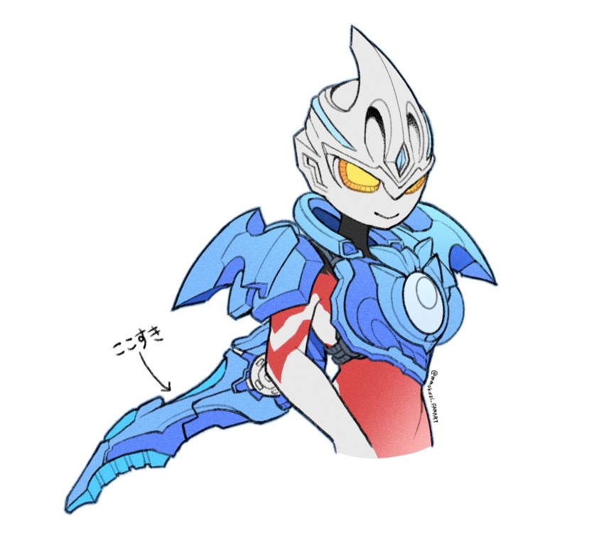 1boy, alien, armor, black_skin, blue_armor, blue_gem, colored_skin, cropped_arm