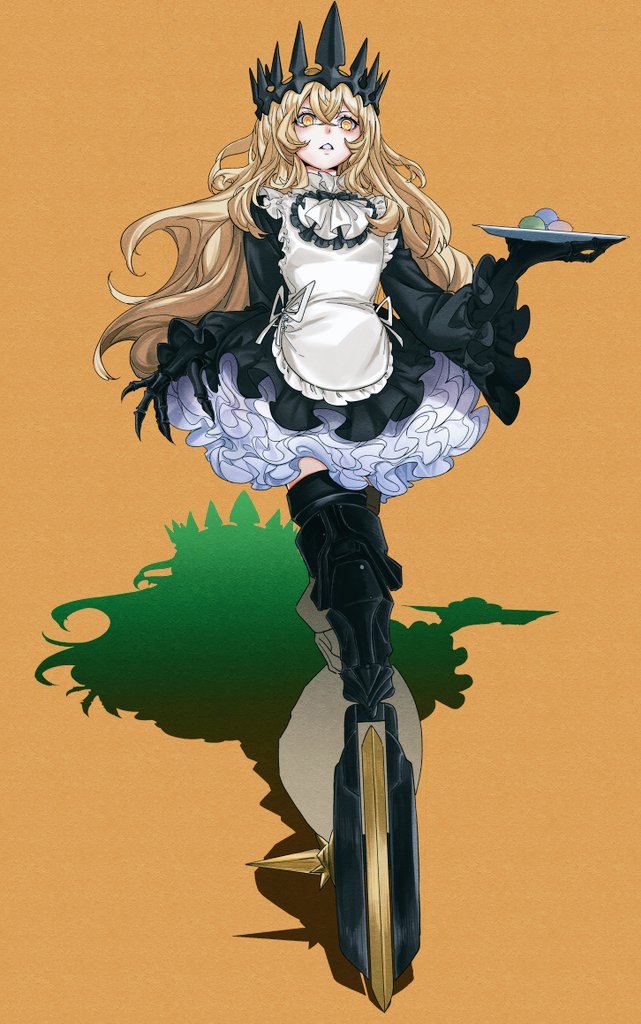 1girl, apron, black_crown, black_dress, black_rock_shooter, blonde_hair, chariot_(black_rock_shooter), crown