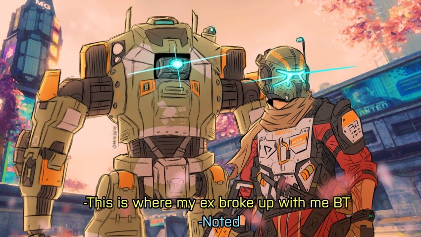 assault_visor, blue_visor, bt-7274, english_text, helmet, highres, humanoid_robot, jack_cooper, mecha, mgguy, one-eyed, respawn_entertainment, robot, science_fiction, titan_(titanfall), titanfall, titanfall_(series), titanfall_2, vanguard_(titanfall_2)