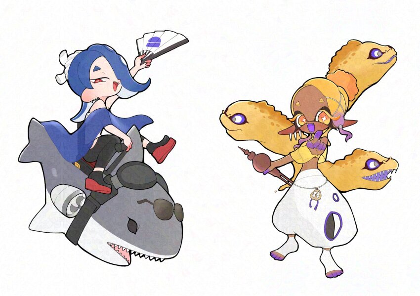 2girls, 333surimi, baggy_pants, blonde_hair, blue_hair, capelet, dark-skinned_female, dark_skin